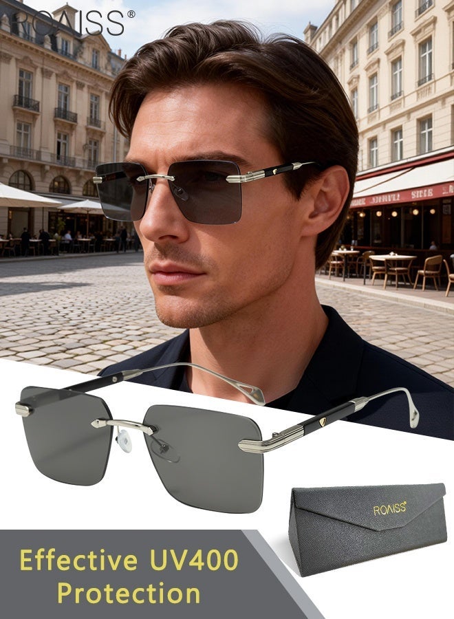 رويس نظارات شمسية بدون إطار مربع للرجال والنساء، نظارات شمسية خارجية UV400 مع معابد فريدة من نوعها، نظارات شمسية عصرية مضادة للتوهج للرجال أثناء القيادة وصيد الأسماك والسفر - Image 1